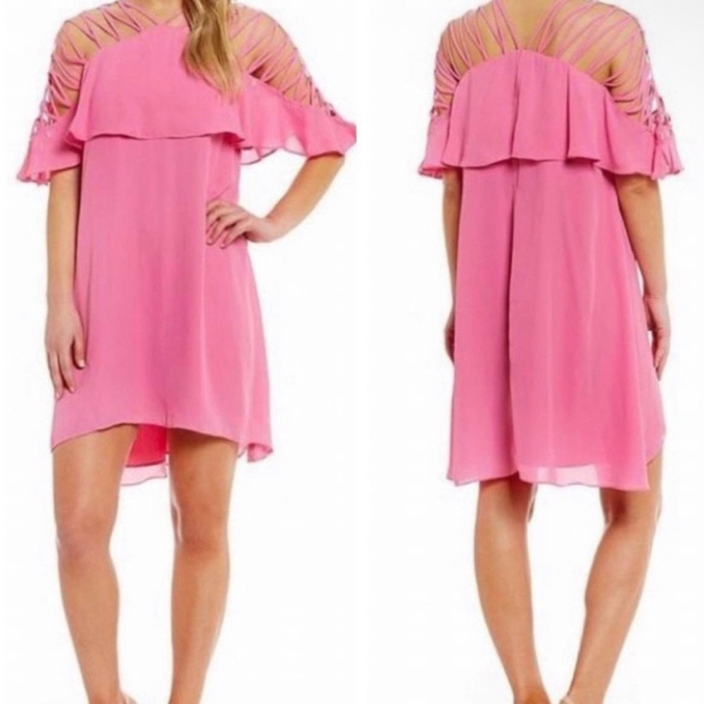 Gianni Bini Bubble Gum Pink Strappy Shoulder Ruffle Shift Dress Large L‎